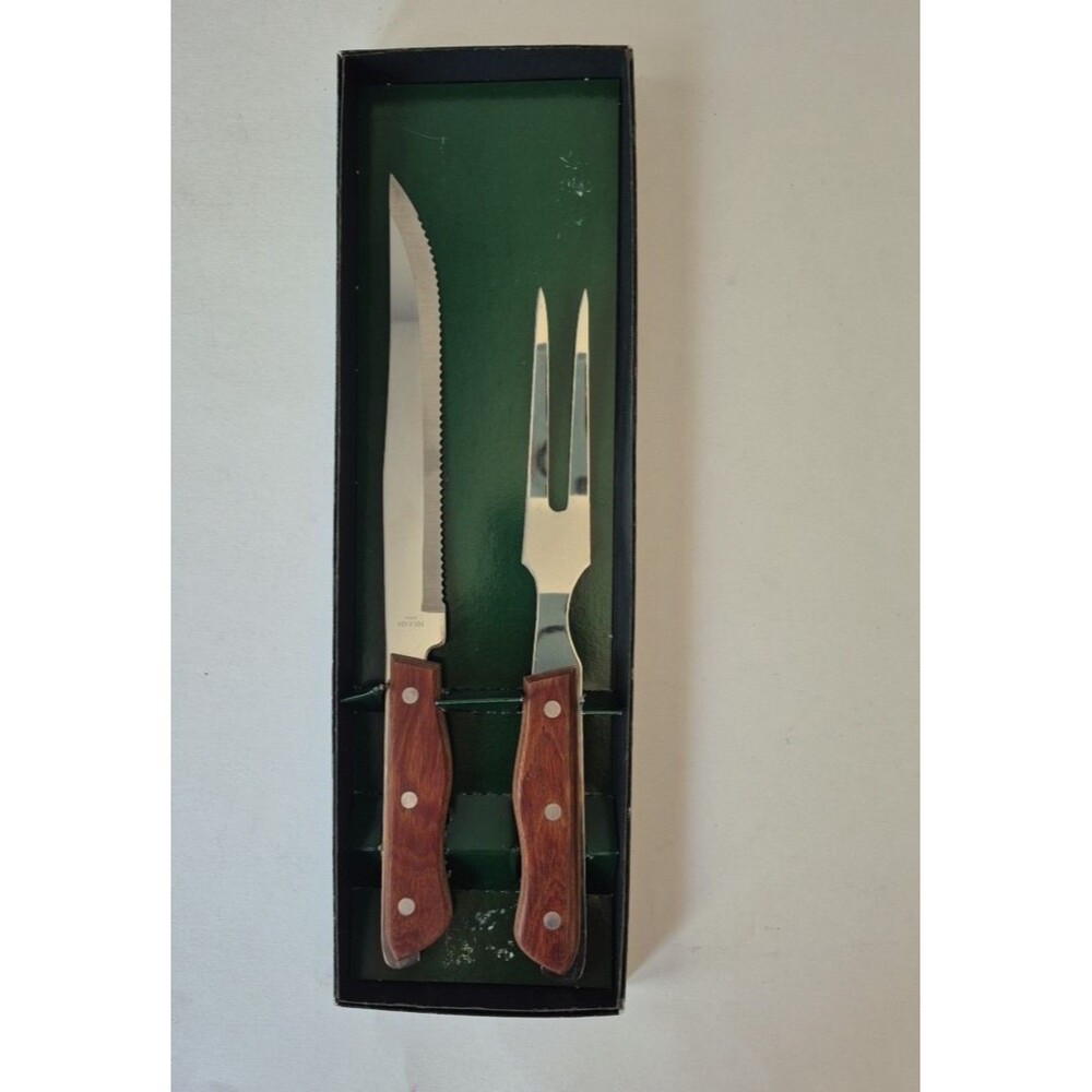Maxam VTG Stainless Steel Wooden Carving Fork and Knife Set in Original Box CTCF